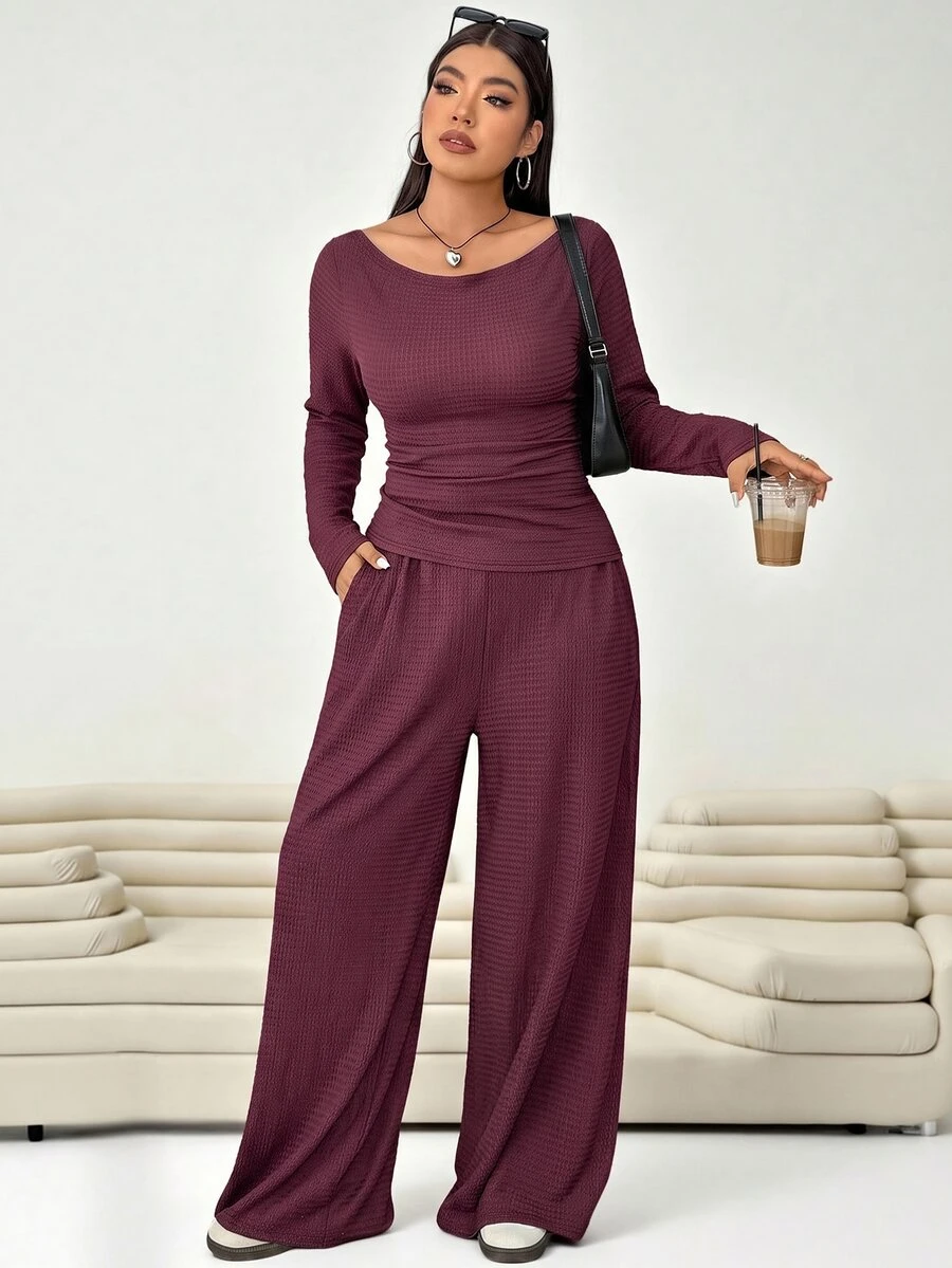 Solflare Plus Size Women's Solid Color Large Scoop Neck Cinched Waist Pleated Long Sleeve Top And Textured Casual Loose Pants 2 Pieces Set Fall - Burgundy - View 1