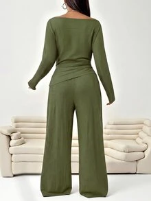 Solflare Plus Size Textured Long Sleeve Top And Loose Pants With Pockets 2 Pieces Set Fall - Army Green - View 2