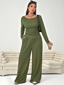 Solflare Plus Size Textured Long Sleeve Top And Loose Pants With Pockets 2 Pieces Set Fall - Army Green - View 1