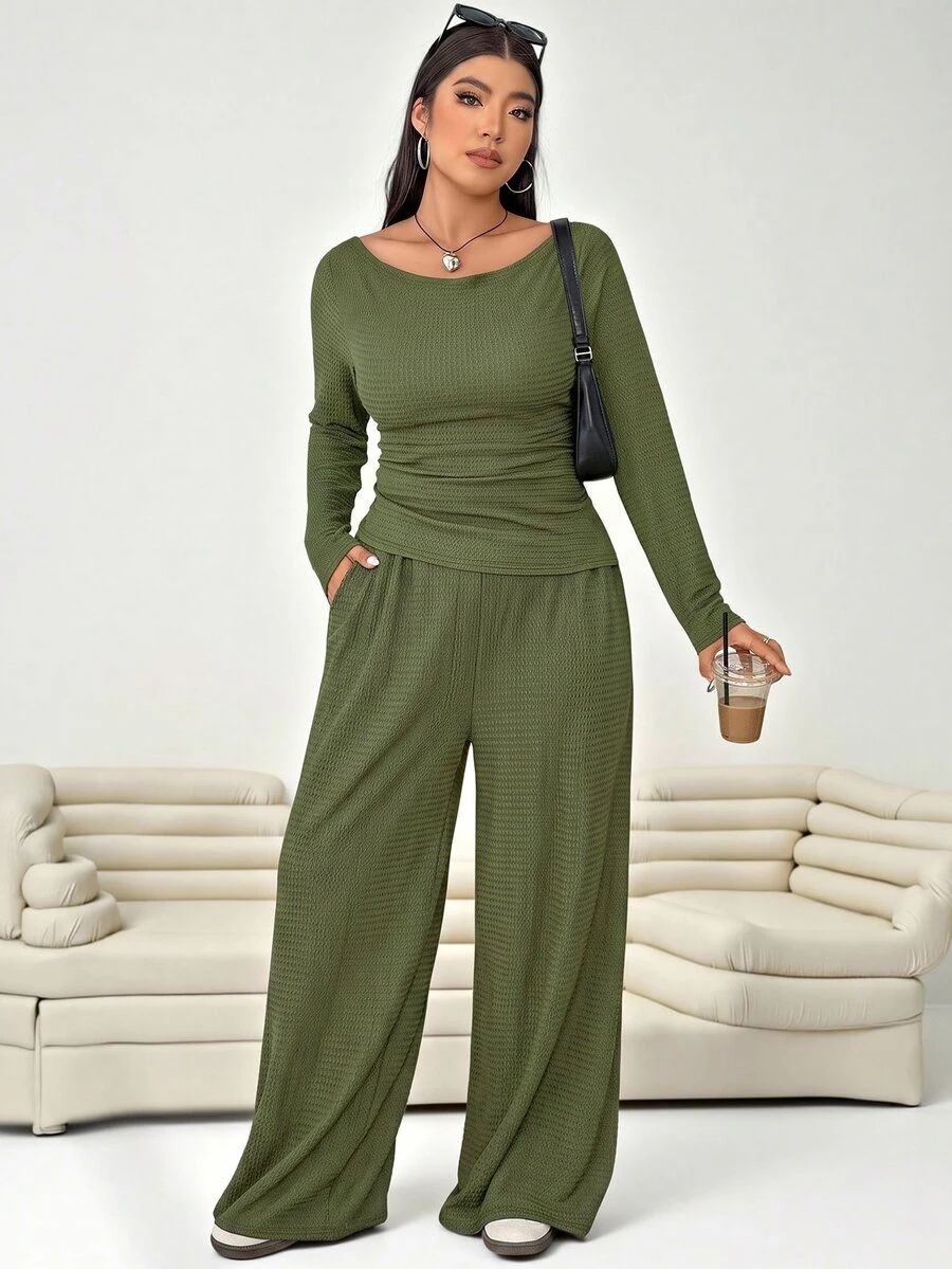 Solflare Plus Size Textured Long Sleeve Top And Loose Pants With Pockets 2 Pieces Set Fall - Army Green - View 1