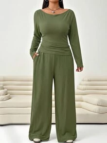 Solflare Plus Size Textured Long Sleeve Top And Loose Pants With Pockets 2 Pieces Set Fall - Army Green - View 5