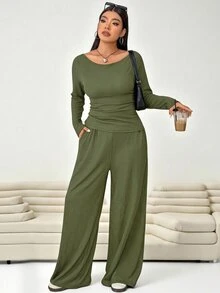 Solflare Plus Size Textured Long Sleeve Top And Loose Pants With Pockets 2 Pieces Set Fall - Army Green - View 6