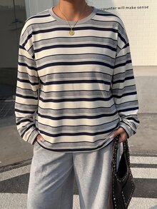 Muchica Plus Size Women's Striped Crew Neck Drop Shoulder Long Sleeve Casual T-Shirt - Light Grey - View 4