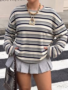 Muchica Plus Size Women's Striped Crew Neck Drop Shoulder Long Sleeve Casual T-Shirt - Light Grey - View 1