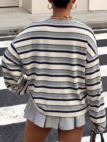 Muchica Plus Size Women's Striped Crew Neck Drop Shoulder Long Sleeve Casual T-Shirt - Light Grey - View 2
