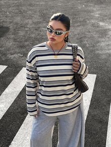 Muchica Plus Size Women's Striped Crew Neck Drop Shoulder Long Sleeve Casual T-Shirt - Light Grey - View 6