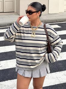 Muchica Plus Size Women's Striped Crew Neck Drop Shoulder Long Sleeve Casual T-Shirt - Light Grey - View 5