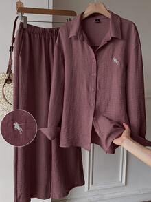 Solflare Women's Plus Size Front Button Long Sleeve Casual Top And Loose Pants 2 Pieces Set - Coffee Brown - View 1