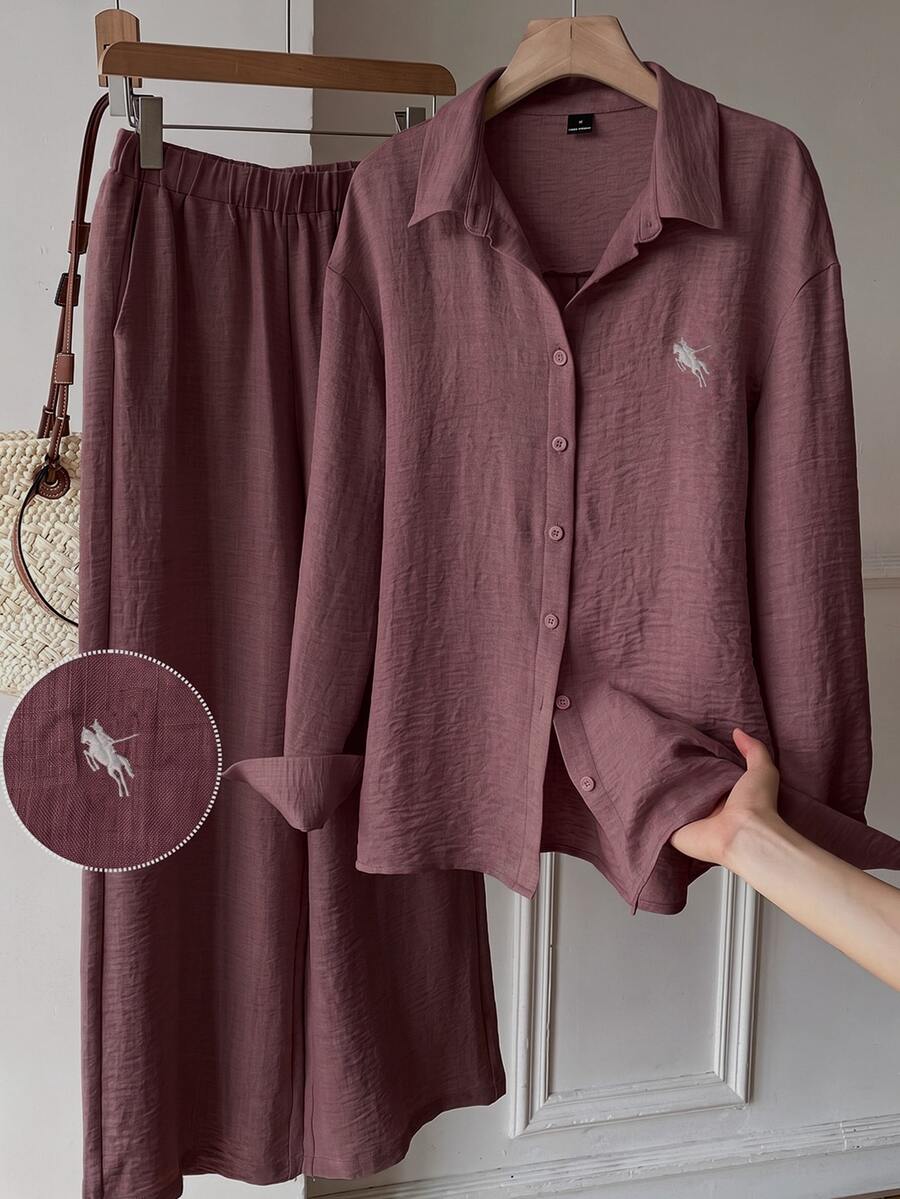 Solflare Women's Plus Size Front Button Long Sleeve Casual Top And Loose Pants 2 Pieces Set - Coffee Brown - View 1