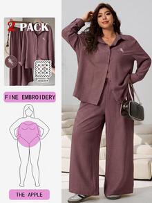 Solflare Women's Plus Size Front Button Long Sleeve Casual Top And Loose Pants 2 Pieces Set - Coffee Brown - View 8