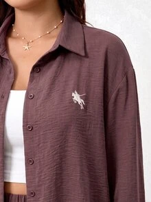 Solflare Women's Plus Size Front Button Long Sleeve Casual Top And Loose Pants 2 Pieces Set - Coffee Brown - View 6