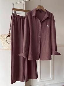 Solflare Women's Plus Size Front Button Long Sleeve Casual Top And Loose Pants 2 Pieces Set - Coffee Brown - View 4