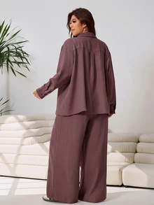 Solflare Women's Plus Size Front Button Long Sleeve Casual Top And Loose Pants 2 Pieces Set - Coffee Brown - View 2