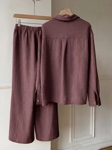 Solflare Women's Plus Size Front Button Long Sleeve Casual Top And Loose Pants 2 Pieces Set - Coffee Brown - View 9
