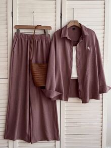 Solflare Women's Plus Size Front Button Long Sleeve Casual Top And Loose Pants 2 Pieces Set - Coffee Brown - View 11