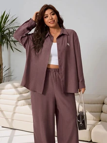 Solflare Women's Plus Size Front Button Long Sleeve Casual Top And Loose Pants 2 Pieces Set - Coffee Brown - View 5