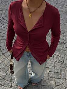 Muchica Plus Size Women's Solid Color Casual Versatile Everyday T-Shirt - Burgundy - View 5