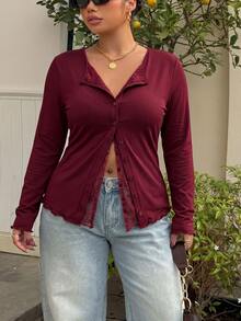 Muchica Plus Size Women's Solid Color Casual Versatile Everyday T-Shirt - Burgundy - View 4