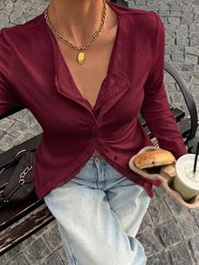 Muchica Plus Size Women's Solid Color Casual Versatile Everyday T-Shirt - Burgundy - View 3