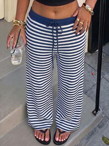 Muchica Plus Size Women's Casual Striped Colorblock Tie-Waist Long Pants Fall - Royal Blue - View 1