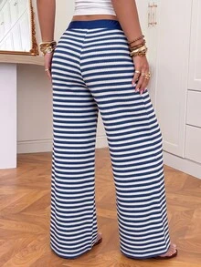 Muchica Plus Size Women's Casual Striped Colorblock Tie-Waist Long Pants Fall - Royal Blue - View 2