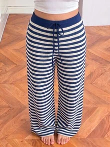 Muchica Plus Size Women's Casual Striped Colorblock Tie-Waist Long Pants Fall - Royal Blue - View 3