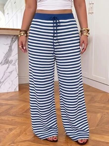 Muchica Plus Size Women's Casual Striped Colorblock Tie-Waist Long Pants Fall - Royal Blue - View 5