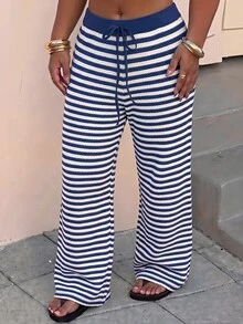 Muchica Plus Size Women's Casual Striped Colorblock Tie-Waist Long Pants Fall - Royal Blue - View 4