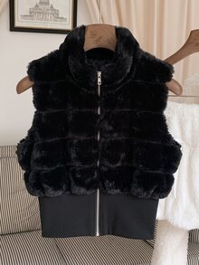 Comfortcana 大尺碼女款休閒優雅人造毛皮背心外套，適合戶外穿著、聖誕外出、夜晚晚宴，黑色冬季款 - 黑色 - 查看 5