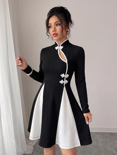SHEIN Women Dress Slim A-Line Textured Frog Button Cutout Patchwork Retro Elegant Guochao Black And White National Day Halloween Dinner Night Autumn