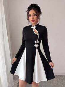 SHEIN Women Dress Slim A-Line Textured Frog Button Cutout Patchwork Retro Elegant Guochao Black And White National Day Halloween Dinner Date Night Fall - Black - View 6