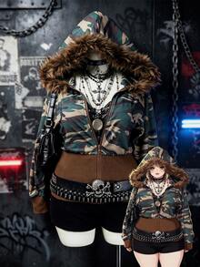 Sunspun Distressed Elf Wasteland Camouflage Hooded Jacket, Nomadic Textured Double Layer Layered Jacket, Distressed Frayed Edge Loose Oversize Functional Top, Elf Wasteland Camouflage Hooded Jacket, Nomadic Double Layer Layered Jacket - Army Green - View 1