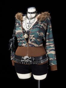 Sunspun Distressed Elf Wasteland Camouflage Hooded Jacket, Nomadic Textured Double Layer Layered Jacket, Distressed Frayed Edge Loose Oversize Functional Top, Elf Wasteland Camouflage Hooded Jacket, Nomadic Double Layer Layered Jacket - Army Green - View 7