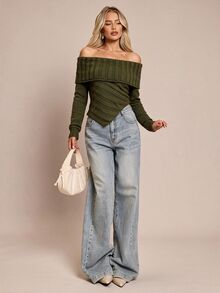 Glamine Sweater Wanita Warna Polos Lengan Panjang Tanpa Bahu dengan Hem Asimetris - Hijau - View 4