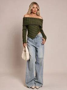 Glamine Sweater Wanita Warna Polos Lengan Panjang Tanpa Bahu dengan Hem Asimetris - Hijau - View 3