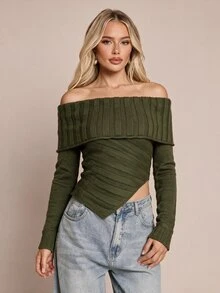 Glamine Sweater Wanita Warna Polos Lengan Panjang Tanpa Bahu dengan Hem Asimetris - Hijau - View 1