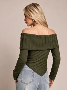 Glamine Sweater Wanita Warna Polos Lengan Panjang Tanpa Bahu dengan Hem Asimetris - Hijau - View 2