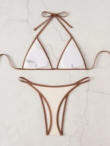 Costavie Women's Summer Beach Colorblock Halter Neck Tie Sexy Bikini And Triangle Bottoms Two-Piece Swimwear Set - Beige - View 5