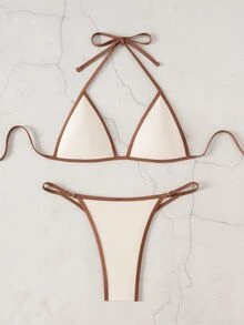 Costavie Women's Summer Beach Colorblock Halter Neck Tie Sexy Bikini And Triangle Bottoms Two-Piece Swimwear Set - Beige - View 6