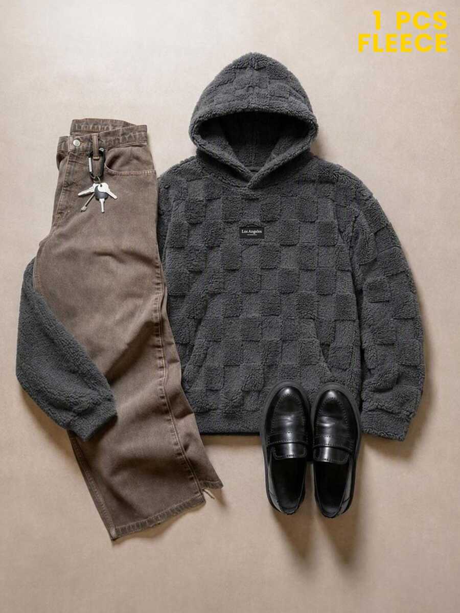 Manfinity RebelGame 男士深灰色純色毛絨抓絨套頭帽顯鬆弛版型紋理格紋保暖柔軟連帽衛衣,秋冬休閒街頭風上衣,街頭風,抓絨,休閒寬鬆連帽衫 - 灰色 - 查看 1