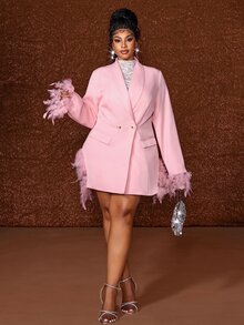 Maweii Fashion Split Bright Color Feather Long Sleeve Party Mid-Length Blazer - Pink - View 4