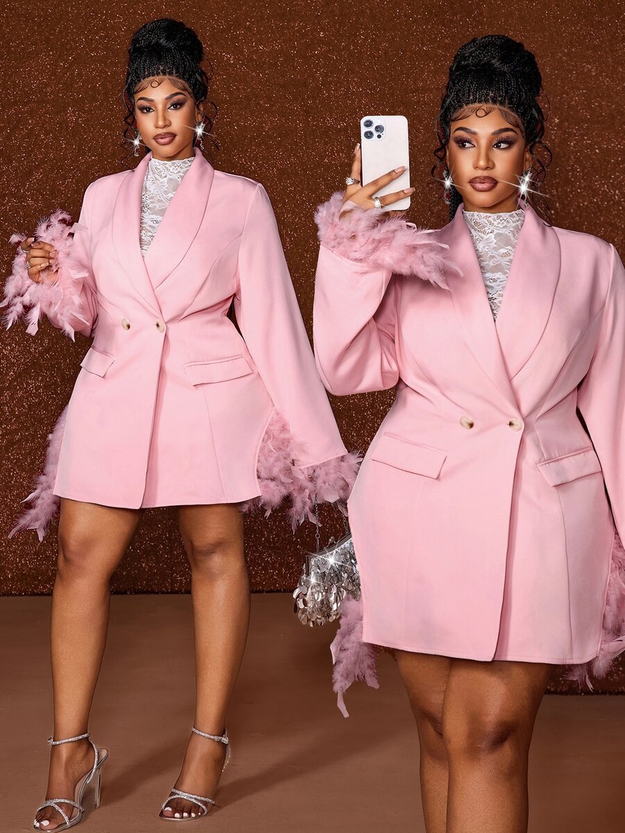Maweii Fashion Split Bright Color Feather Long Sleeve Party Mid-Length Blazer - Pink - View 1