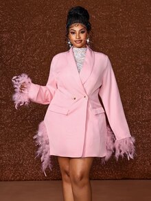 Maweii Fashion Split Bright Color Feather Long Sleeve Party Mid-Length Blazer - Pink - View 3