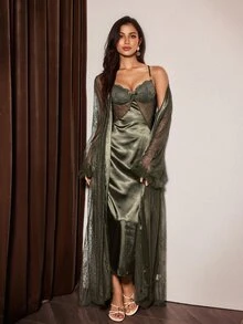 Slumberist Mature Sexy Criss-Cross Lace Silk Satin Handmade Waist Tie Women Nightgown & Robe Set - Army Green - View 4