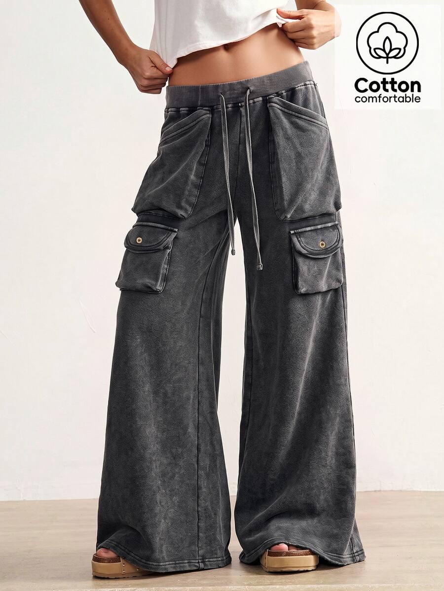 Bohemela Women's Casual Solid-Color Knit Pants With A Vintage Washed Finish And Cargo Pockets, Perfect For Summer/Fall Vacations, Everyday Wear, Halloween, And - Black - View 1