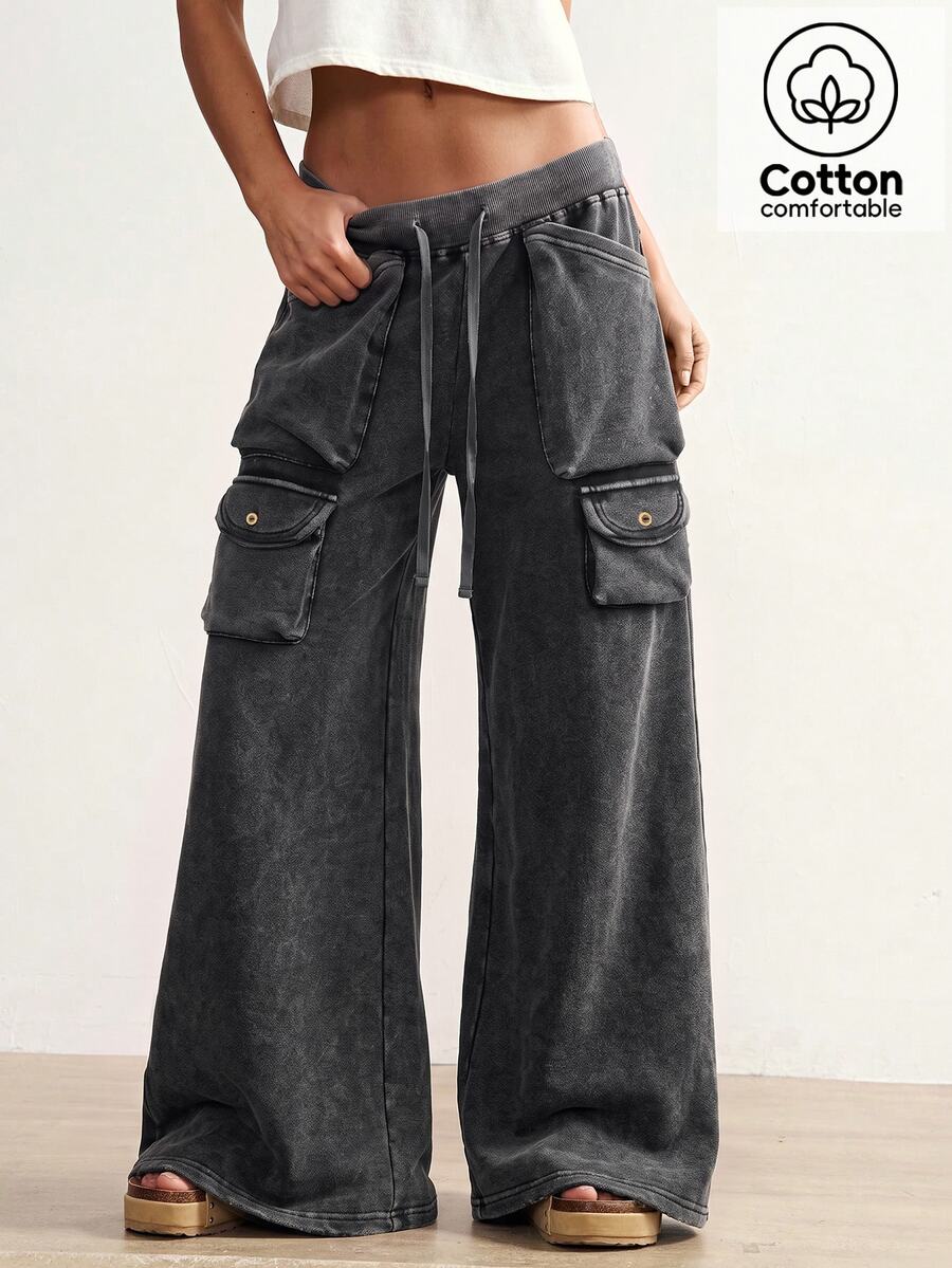 Bohemela Women's Casual Solid-Color Knit Pants With A Vintage Washed Finish And Cargo Pockets, Perfect For Summer/Fall Vacations, Everyday Wear, Halloween, And - Black - View 1