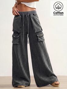 Bohemela Women's Casual Solid-Color Knit Pants With A Vintage Washed Finish And Cargo Pockets, Perfect For Summer/Fall Vacations, Everyday Wear, Halloween, And - Black - View 4
