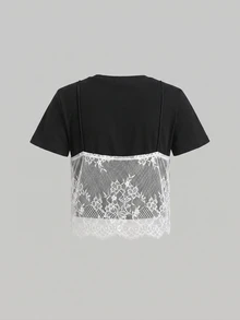 SHEIN MOD 95% Cotton Summer Black 2 In 1 Lace Patchwork Crew Neck Cropped T-Shirt - Black - View 4