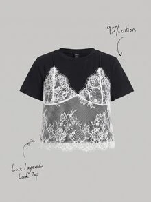SHEIN MOD 95% Cotton Summer Black 2 In 1 Lace Patchwork Crew Neck Cropped T-Shirt - Black - View 1
