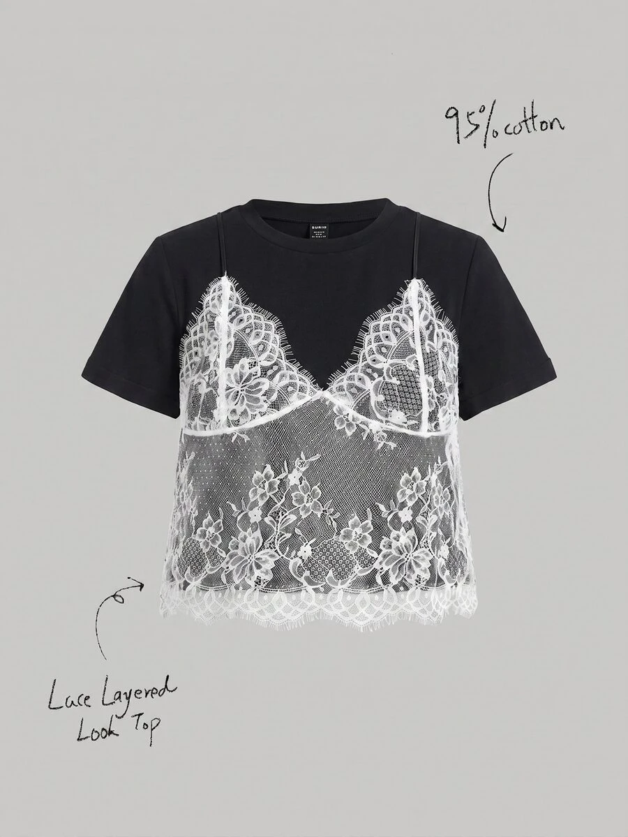 SHEIN MOD 95% Cotton Summer Black 2 In 1 Lace Patchwork Crew Neck Cropped T-Shirt - Black - View 1